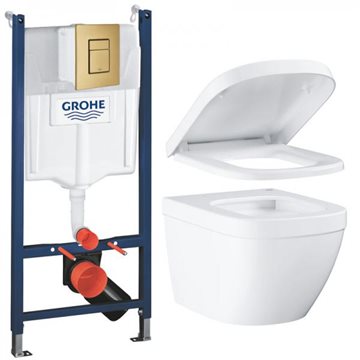 GROHE Euro Cube Alt-i-1 Toiletpakke inkl. softclose sæde, Betjeningsplade i Børstet Messing & Cisterne 113cm